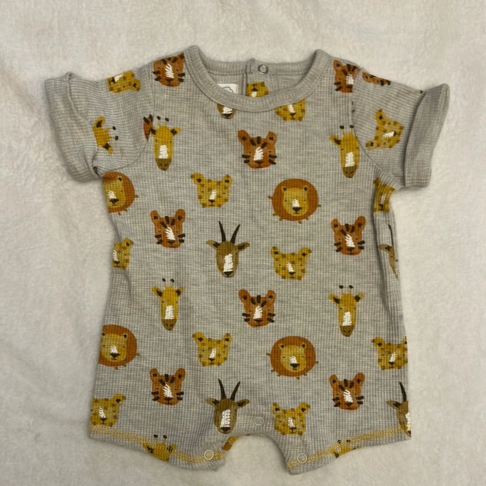 EUC Mud Pie blue gingham sports applique & grey knit safari animal rompers 3/6mo